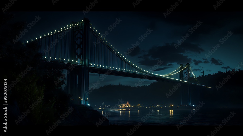 Fototapeta premium Illuminated Suspension Bridge Spanning a Dark River at Night