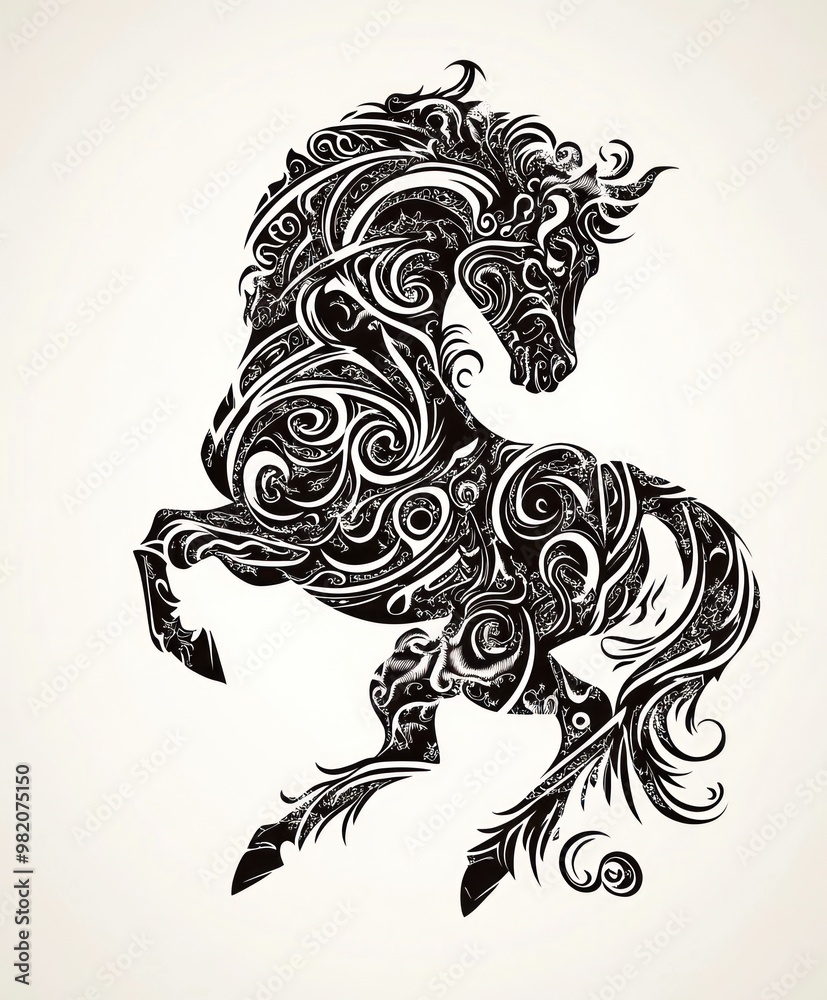 A stylized black and white illustration of a rearing horse with intricate swirling patterns. A stylized black and white illustration of a rearing horse with intricate swirling patterns.