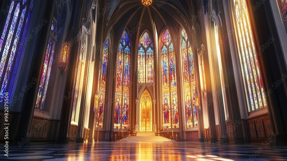 A large, grand cathedral with stained glass windows and golden light streaming in. A large, grand cathedral with stained glass windows and golden light streaming in.