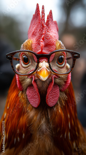 Quirky Chicken Wearing Glasses Close-Up Shot Representing Humor and Intelligence in Farm Animals photo