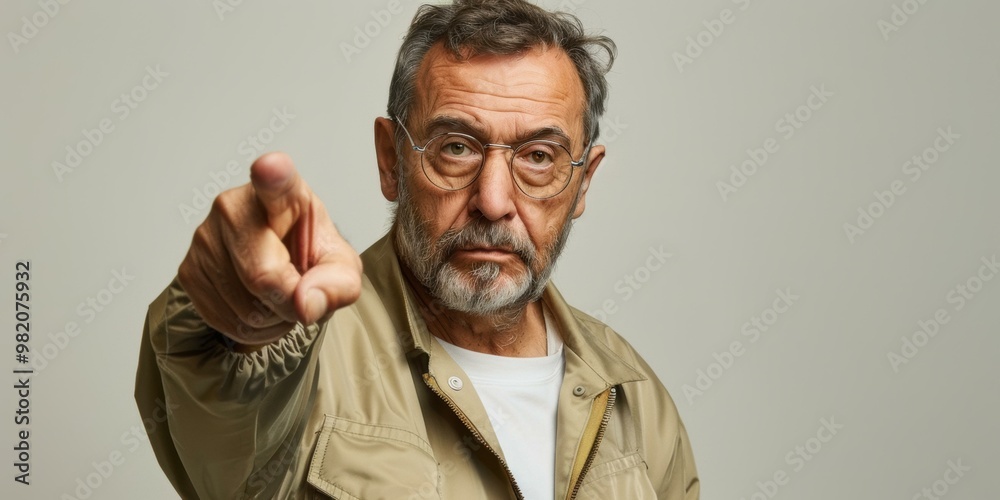 A serious-looking man points his finger at the camera. AI.
