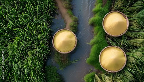 aerial perspective of lush Vietnamese rice fields in vibrant green hues photo