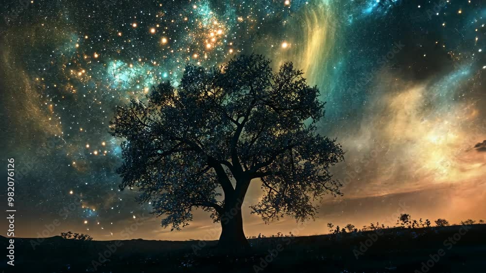 Starlit sky over a silhouette tree at sunset in a tranquil natural landscape Starlit sky over a silhouette tree at sunset in a tranquil natural landscape