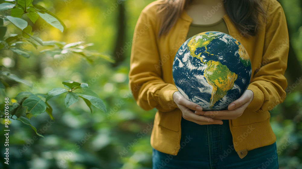 Concept of Earth Day with a woman holding an icon of Earth. Emphasizing the message to save the world and protect the environment, focusing on ecological awareness and sustainability. Concept of Earth Day with a woman holding an icon of Earth. Emphasizing the message to save the world and protect the environment, focusing on ecological awareness and sustainability.