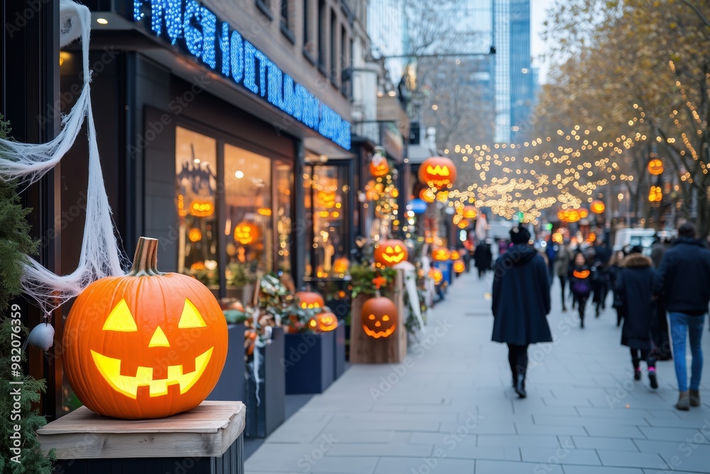 Fototapeta premium Halloween Street Festivities: A festive atmosphere fills the air as people stroll down a bustling city street adorned with jack-o'-lantern decorations, creating a vibrant and spooky scene.