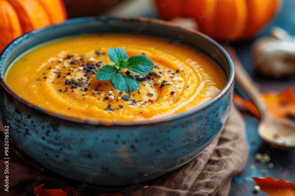 Creamy pumpkin soup garnished with herbs and croutons, perfect for cozy autumn days.