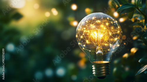 Net zero concept featuring a net zero icon inside a light bulb set against a green bokeh background. Highlighting the impact of carbon emissions on global warming and emphasizing ESG principles.