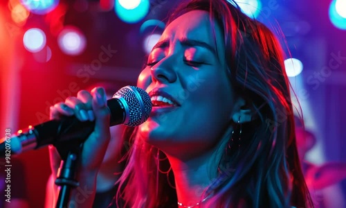 Passionate Performance:  A female vocalist pours her heart and soul into her performance, captivating the audience with her powerful vocals and raw emotion. The vibrant stage lights paint a stunning v