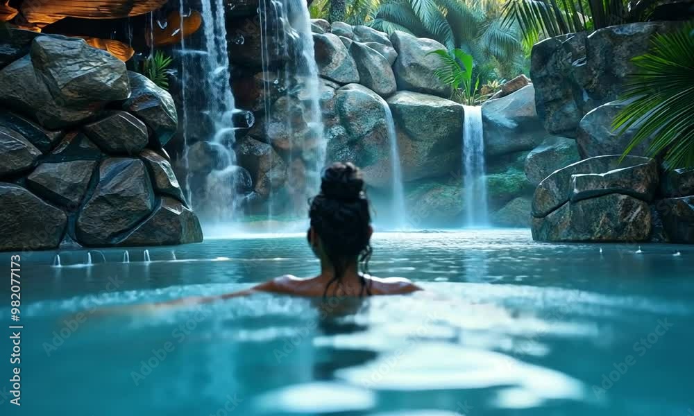 Tranquility Under the Falls: Woman finds serenity in a luxurious jungle pool beneath cascading waterfalls Tranquility Under the Falls: Woman finds serenity in a luxurious jungle pool beneath cascading waterfalls