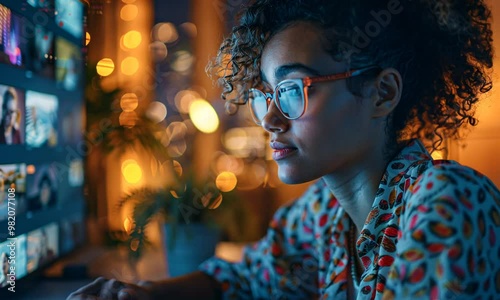 Mastering the Edit: A young woman, bathed in the warm glow of her computer screen, meticulously edits photos late into the night. Her focused expression reflects the passion and dedication of a creati photo