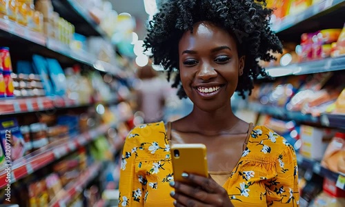 Savvy Shopper's Tech Advantage: A vibrant young woman navigates the grocery aisles with a confident smile, using her smartphone for smart shopping decisions. 