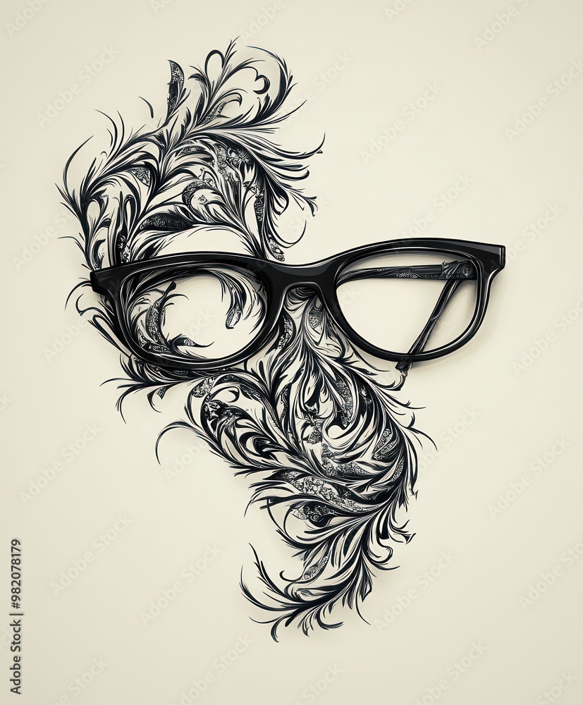 Artistic illustration of glasses entwined with ornate floral designs. Artistic illustration of glasses entwined with ornate floral designs.