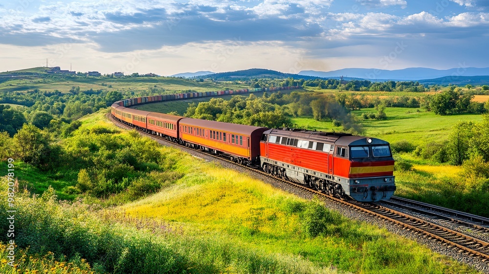 Scenic train traveling through lush countryside. Scenic train traveling through lush countryside.