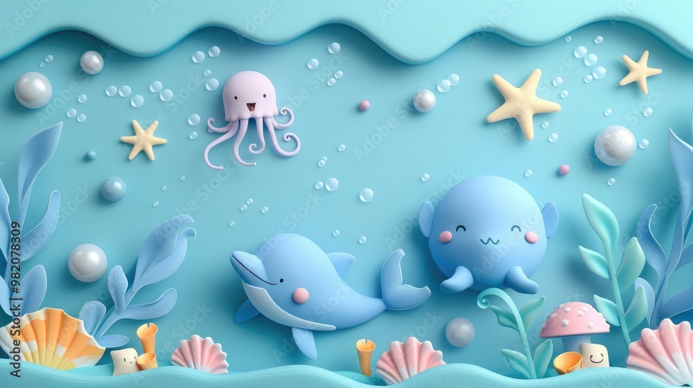 sea life with friendly dolphins, smiling fish, excited octopus, friendly jellyfish, starfish, seashells, pearls sea life with friendly dolphins, smiling fish, excited octopus, friendly jellyfish, starfish, seashells, pearls