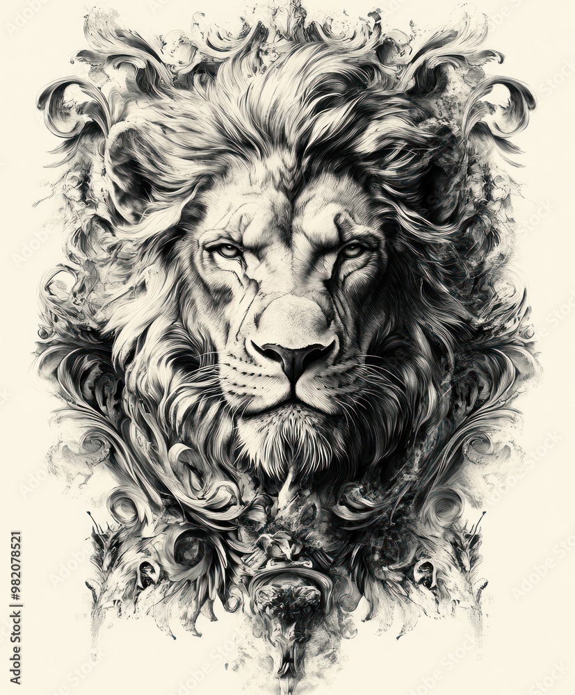 A detailed artistic depiction of a lion's face with intricate floral designs.