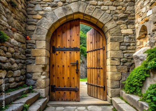 A large wooden door swings open within the rock castle wall. AI Generative