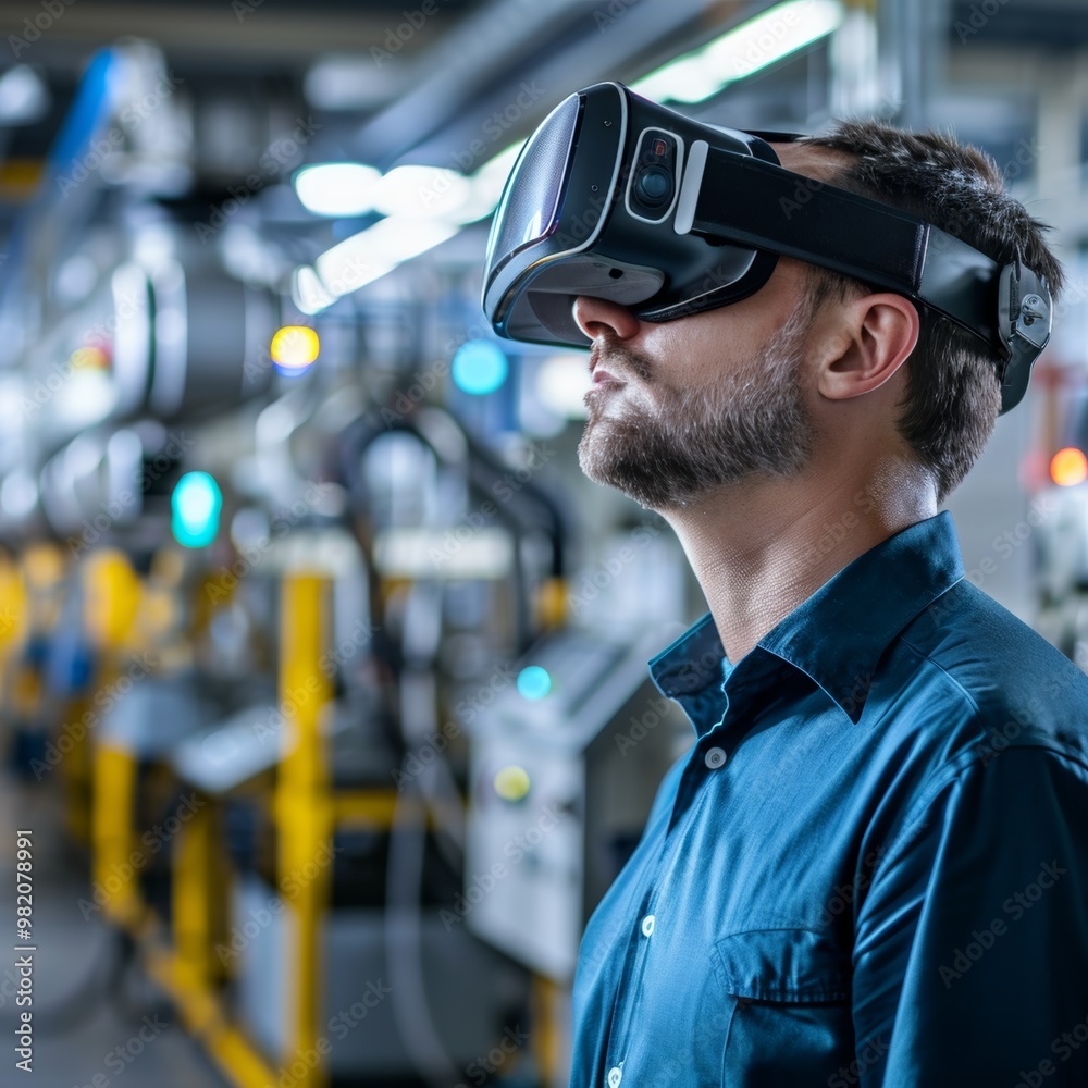 A male engineer wearing an augmented reality headset monitors and controls autonomous production processes within a bustling electronics factory A male engineer wearing an augmented reality headset monitors and controls autonomous production processes within a bustling electronics factory