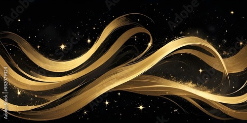 Swirling golden waves with glittering sparkles and stars against a dark background, bold and slim lines, brush strokes.