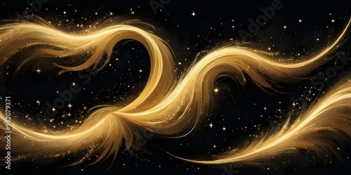 Swirling golden waves with glittering sparkles and stars against a dark background, bold and slim lines, brush strokes.