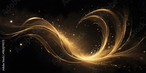 Swirling golden waves with glittering sparkles and stars against a dark background, bold and slim lines, brush strokes. photo