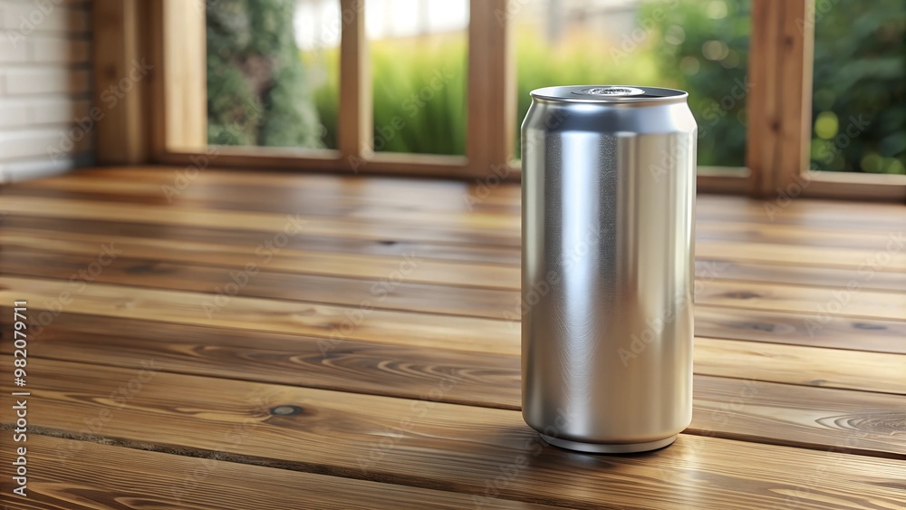 An aluminum can mockup is presented on a wood table in 3D rendering . AI Generative An aluminum can mockup is presented on a wood table in 3D rendering . AI Generative