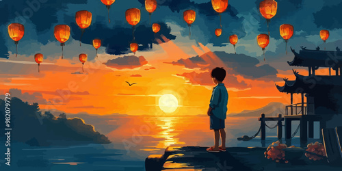 Landscape A young boy  with glowing sky lanterns floating in the sky digital vector illustration.