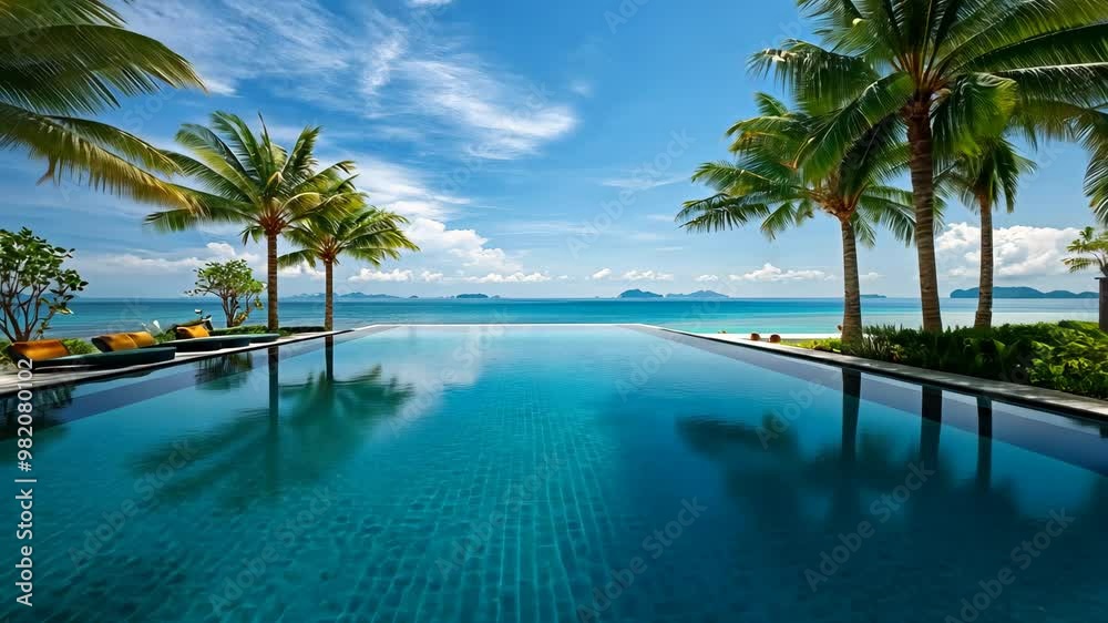 Relaxing poolside view with palm trees and ocean backdrop on a sunny day away from the city Relaxing poolside view with palm trees and ocean backdrop on a sunny day away from the city