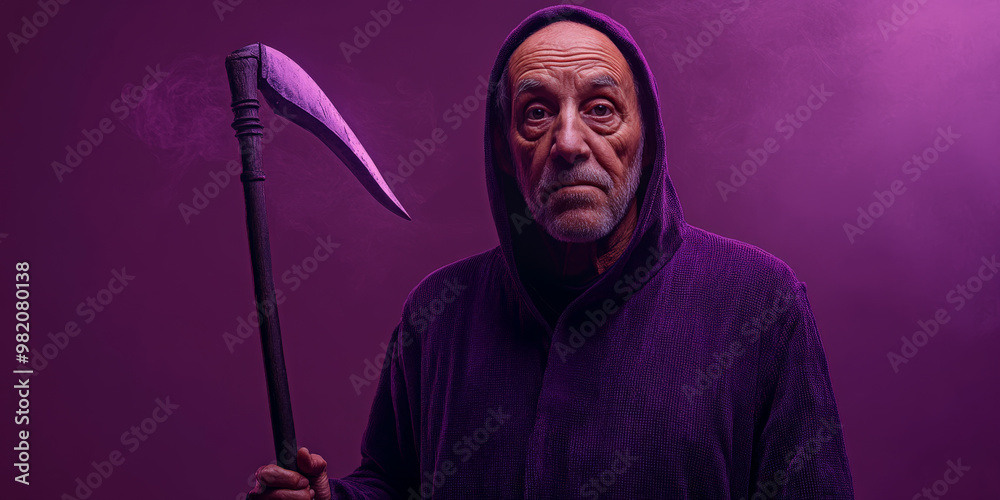 Elderly man with scythe on foggy cemetery backdrop Halloween
Elderly man with scythe on foggy cemetery backdrop Halloween