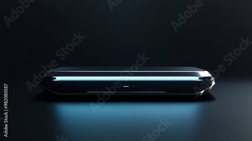 Futuristic device with glowing blue light on a dark background.