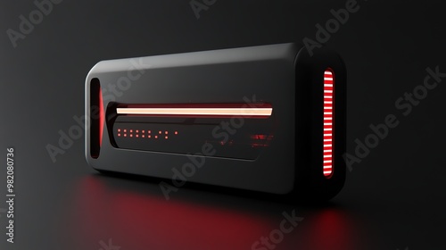 Futuristic black device with red lights glowing.