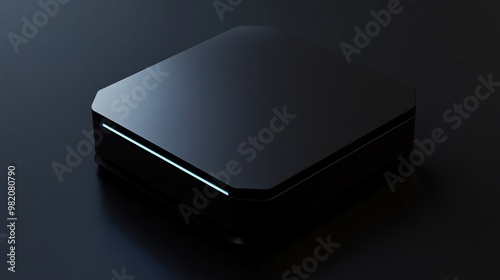 A black box with a light blue line along one edge, sitting on a dark background.