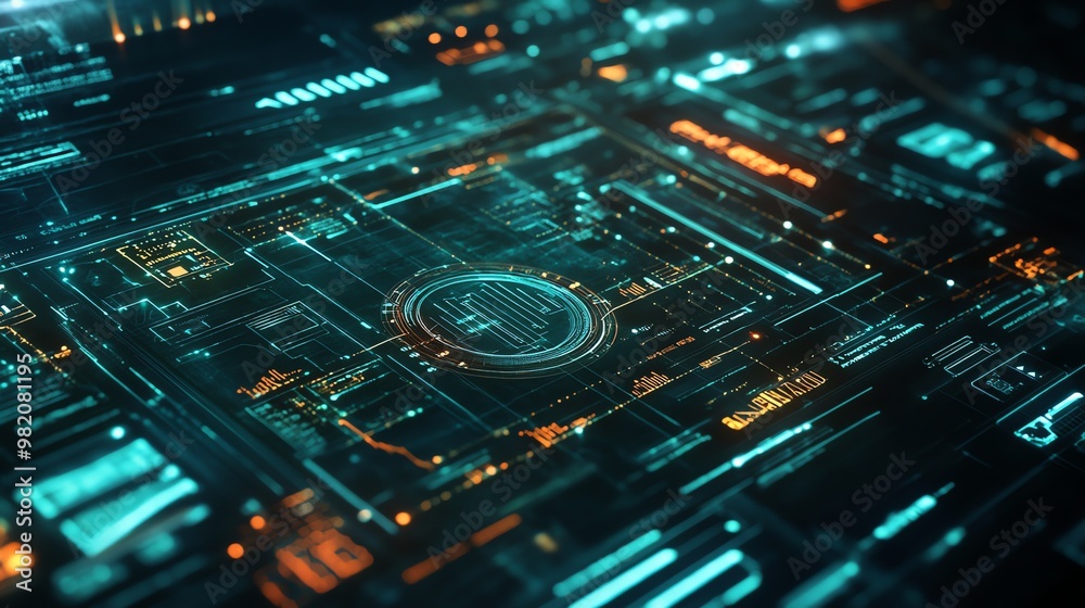 Close-up of a futuristic digital interface. Close-up of a futuristic digital interface.