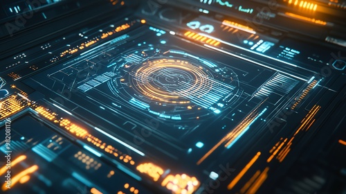 Abstract futuristic interface with glowing lines and circles.