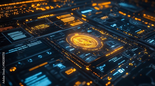 Close-up of a futuristic interface with glowing orange and blue lines and data.