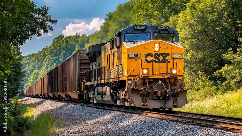 Freight train traveling through a lush landscape. Freight train traveling through a lush landscape.