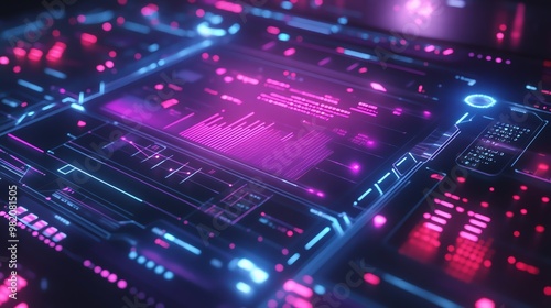 Futuristic digital interface with glowing blue and pink lights.