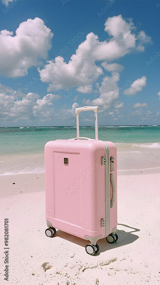 A pink suitcase rests on the sandy beach with turquoise waters and fluffy clouds in the background under a bright sun A pink suitcase rests on the sandy beach with turquoise waters and fluffy clouds in the background under a bright sun