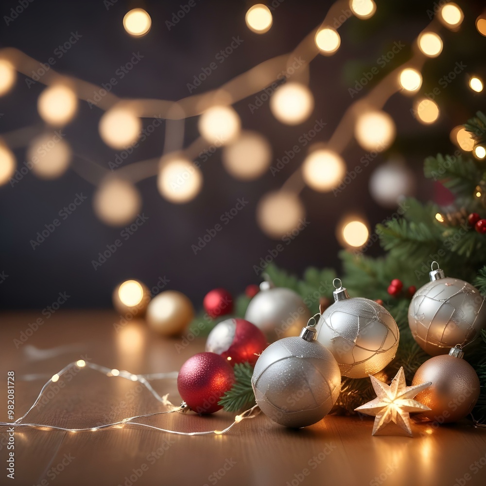 Fototapeta premium A festive holiday scene with Christmas ornaments, string lights, and glowing stars on a blurred background.