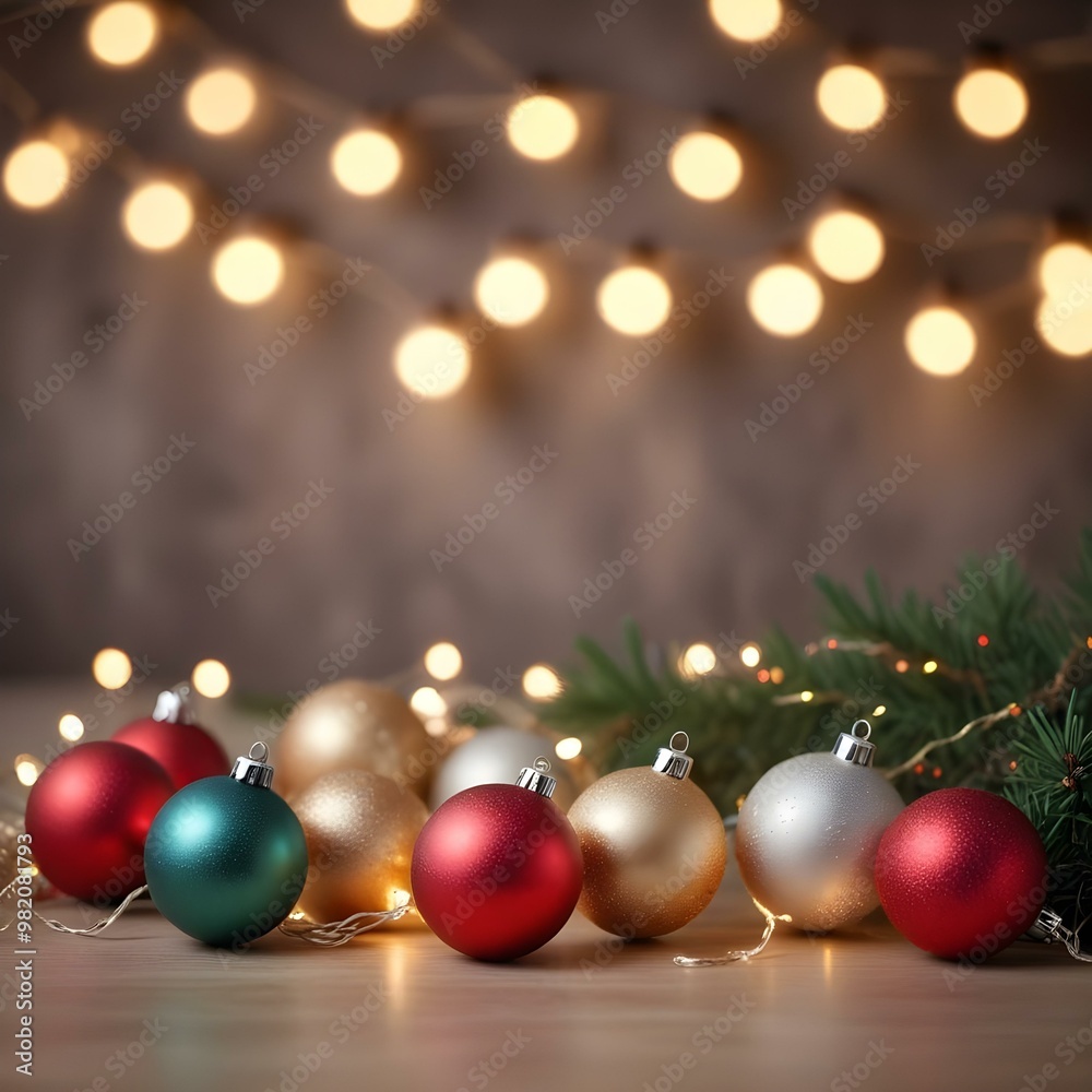A festive holiday scene with Christmas ornaments, string lights, and glowing stars on a blurred background. A festive holiday scene with Christmas ornaments, string lights, and glowing stars on a blurred background.