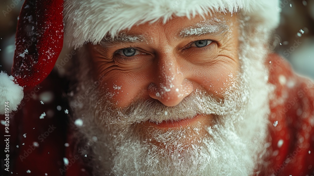 Santa Claus smiling and looking at the camera, magical atmosphere background with snowflakes falling Santa Claus smiling and looking at the camera, magical atmosphere background with snowflakes falling