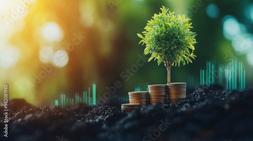 Idea of saving money illustrated by a green tree growing on coins, symbolizing the power of compound interest. Highlighting prosperous stock investments and savings, alongside a financial graph. photo