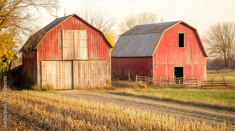 Rustic red barns in a rural landscape at sunset. Rustic red barns in a rural landscape at sunset.