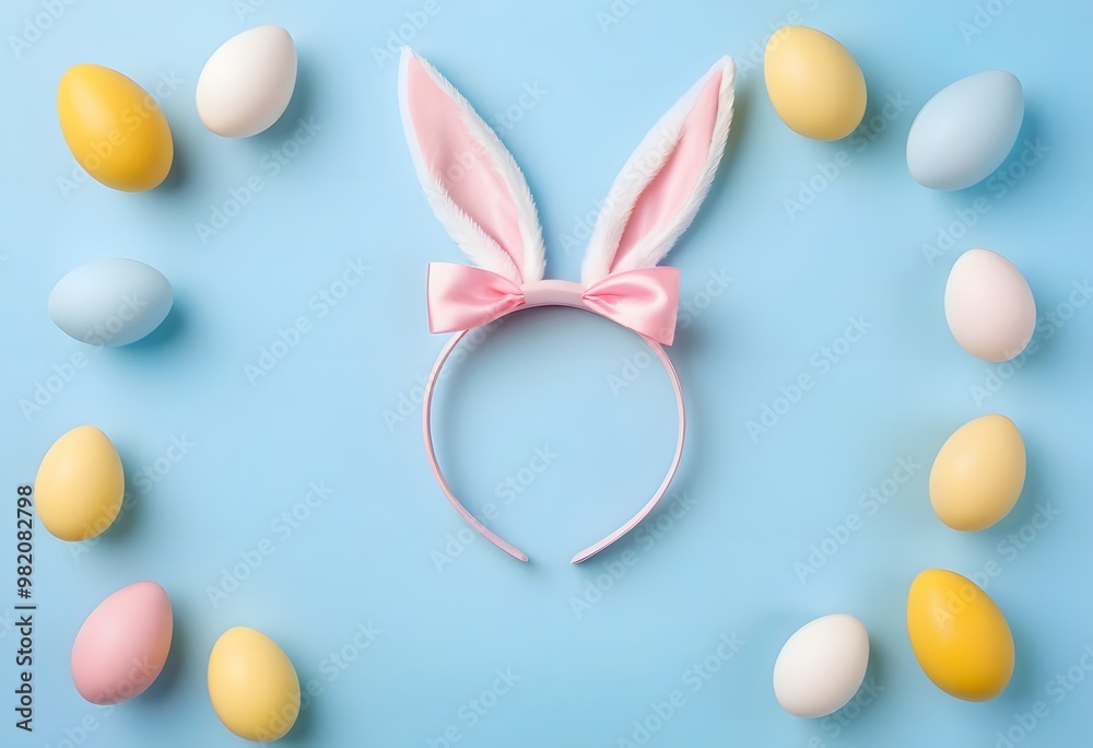 White rabbit bunny ears and eggs on blue background. Symbol Happy Easter Flat lay Copy space
White rabbit bunny ears and eggs on blue background. Symbol Happy Easter Flat lay Copy space