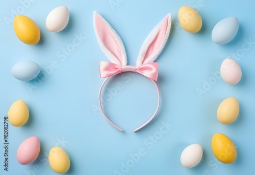 White rabbit bunny ears and eggs on blue background. Symbol Happy Easter Flat lay Copy space 