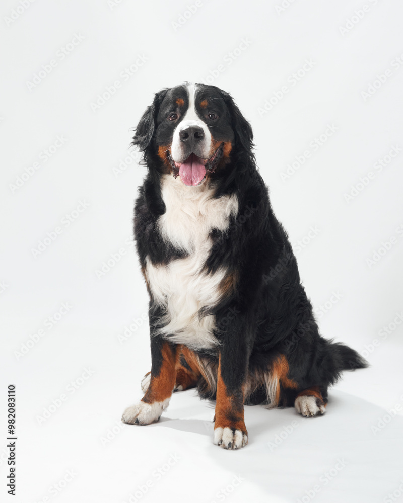 A portrait of a Bernese Mountain Dog sitting on a white background. The dog appears calm and confident. A portrait of a Bernese Mountain Dog sitting on a white background. The dog appears calm and confident.
