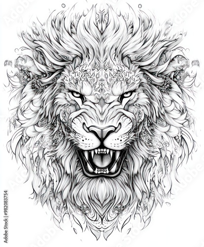 A detailed, artistic illustration of a lion's head with intricate designs.