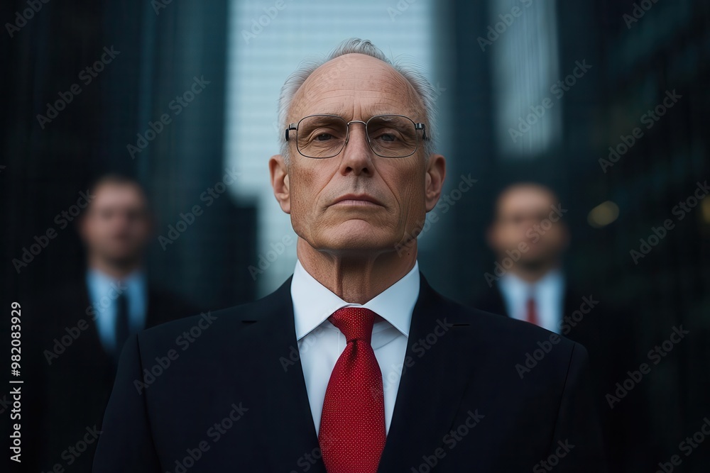 A confident businessman stands in the foreground, exuding authority and professionalism against a modern urban backdrop. A confident businessman stands in the foreground, exuding authority and professionalism against a modern urban backdrop.