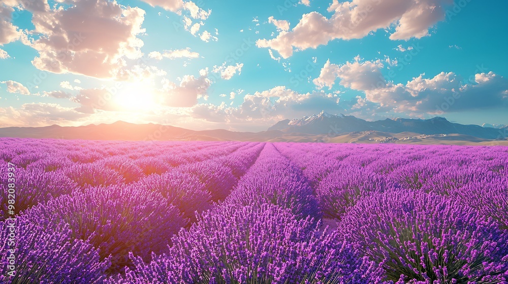 Fototapeta premium Field of lavender in full bloom under a bright blue sky with fluffy clouds
