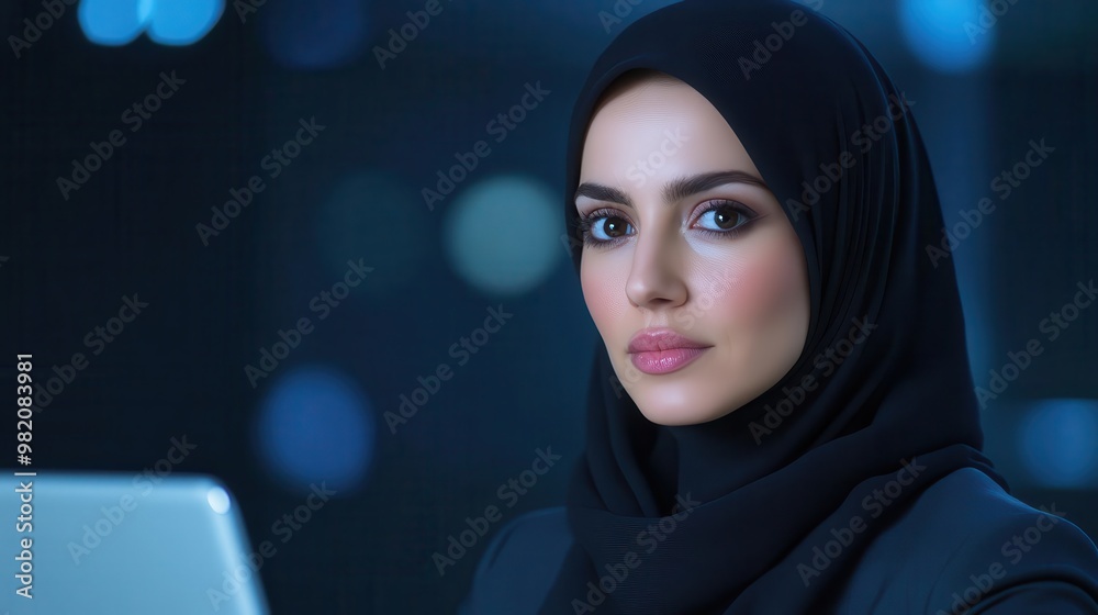 A confident woman in a hijab working late at a computer, showcasing modern professionalism and focus in a corporate environment. A confident woman in a hijab working late at a computer, showcasing modern professionalism and focus in a corporate environment.