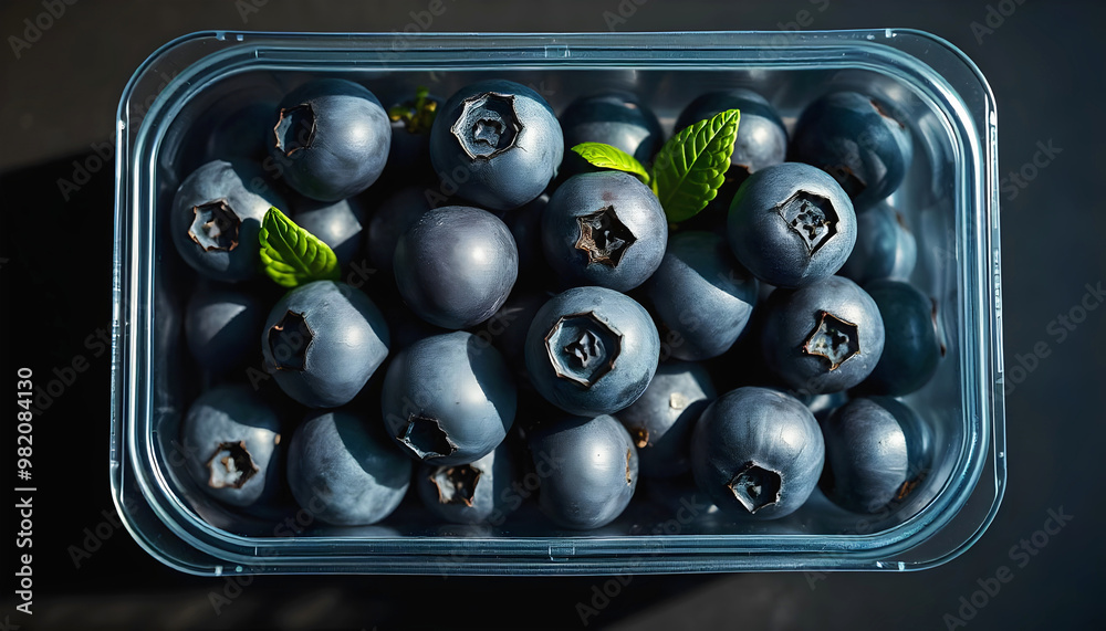 Closeup of organic blueberries in plastic packaging box, super foods, healthy fruit